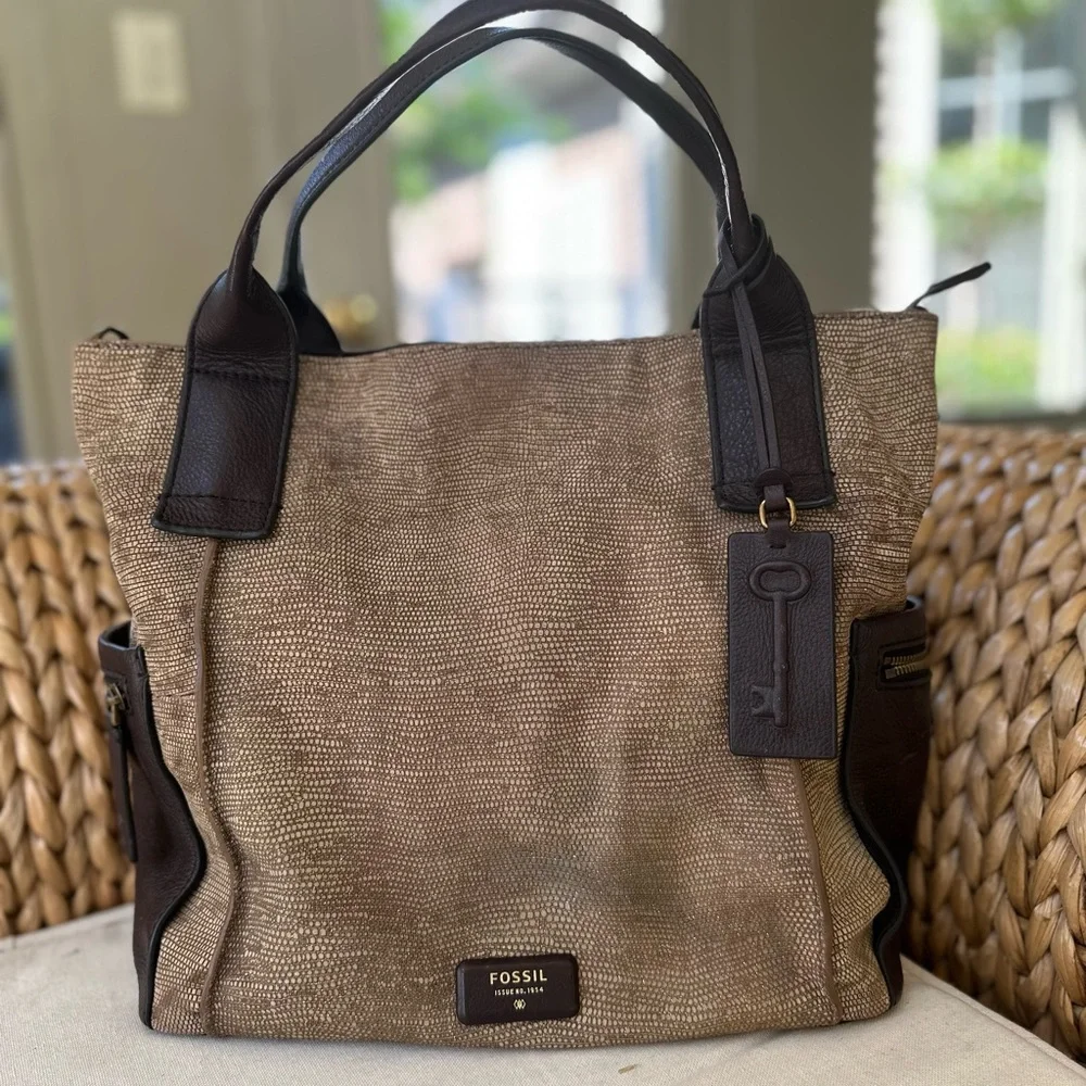 Fossil Tan and Brown Tote with Leather Accents - Picture 3 of 13